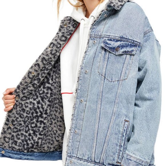 Free People Jackets & Blazers - Free People Light Blue Denim Sherpa-Lined Jean Jacket with Grey Leopard Fleece